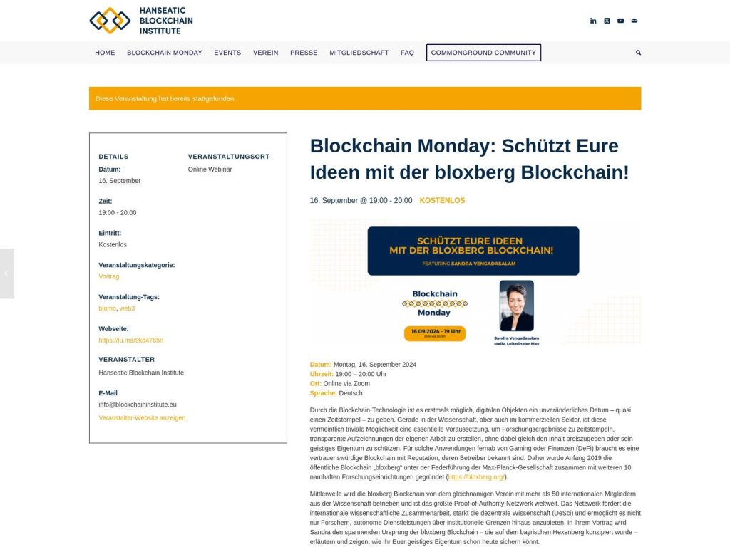 Blockchain Monday: Schützt Eure Ideen mit der bloxberg Blockchain! - Event screenshot