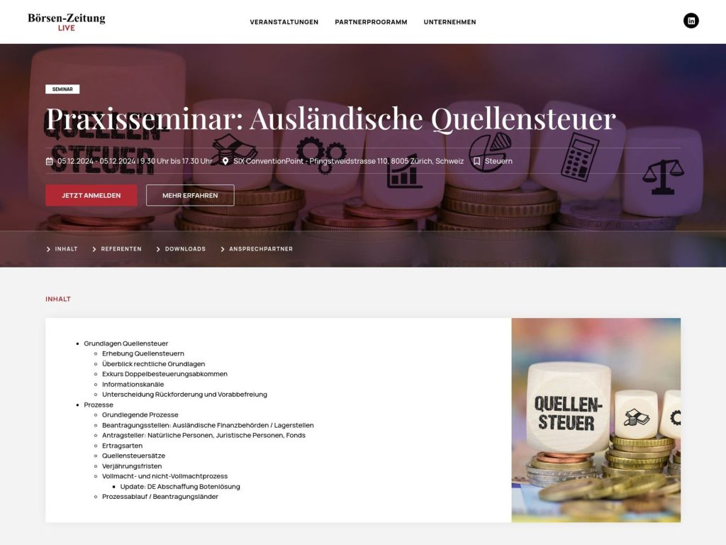 Praxisseminar: Ausländische Quellensteuer - Event screenshot