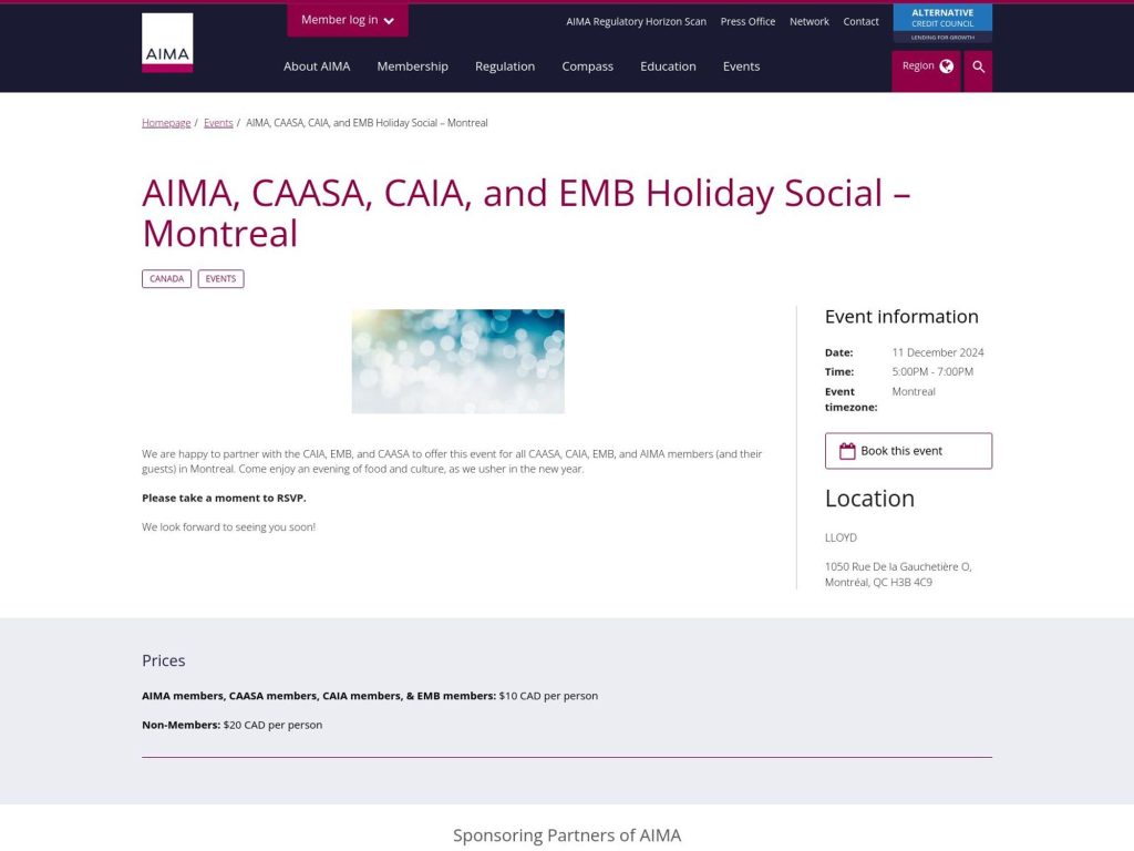AIMA, CAASA, CAIA, and EMB Holiday Social image