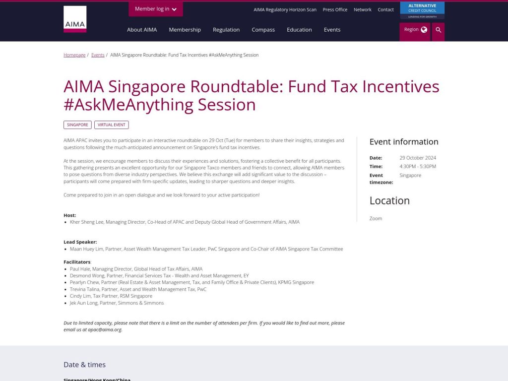 AIMA Singapore Roundtable: Fund Tax Incentives image