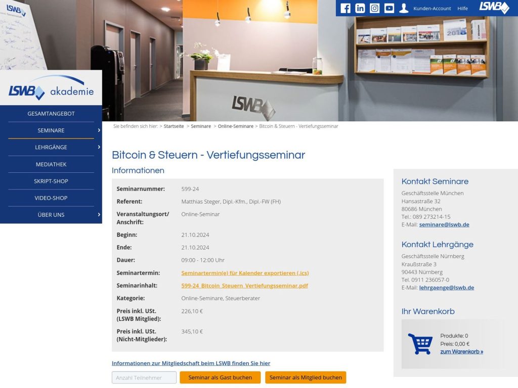 Bitcoin & Steuern - Vertiefungsseminar - Event screenshot