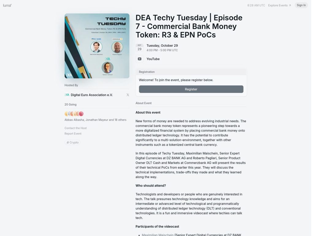 DEA Techy Tuesday | Episode 7 - Commercial Bank Money Token: R3 & EPN PoCs - Event screenshot