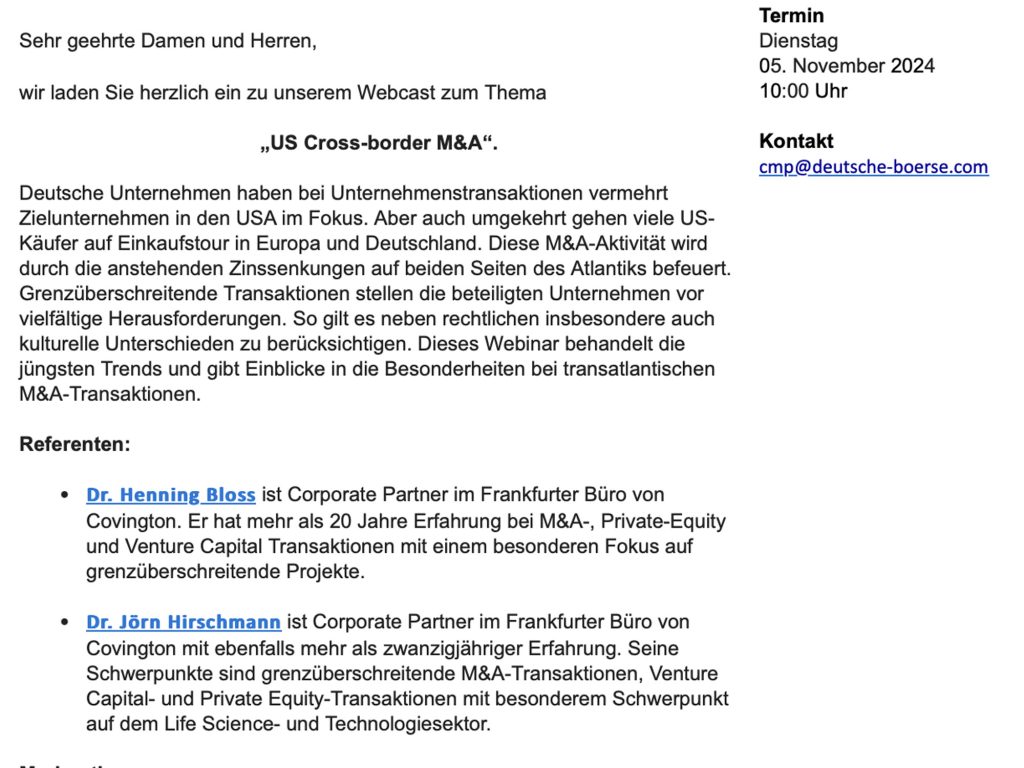 Deutsche Börse CMP Webcast: US Cross-border M&A - Event screenshot