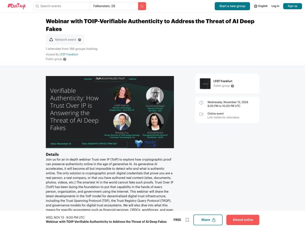Webinar with TOIP-Verifiable Authenticity to Address the Threat of AI Deep Fakes - Event screenshot