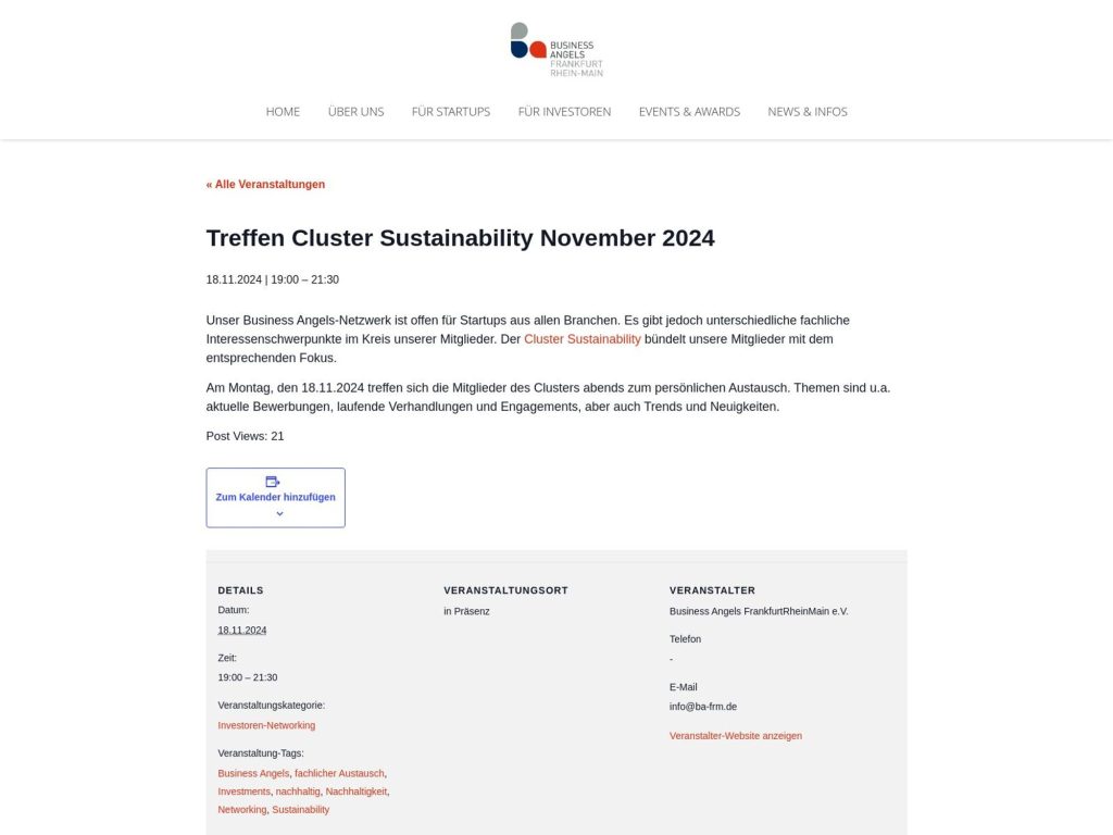 Business Angels Frankfurt RheinMain: Treffen Cluster Sustainability November 2024 - Event screenshot