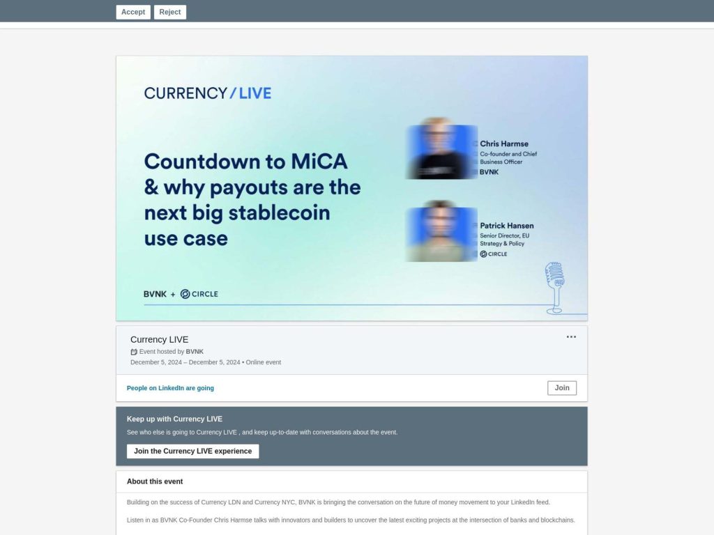 Currency LIVE: Countdown to MiCA & why payouts are the next big stablecoin use case - Event screenshot