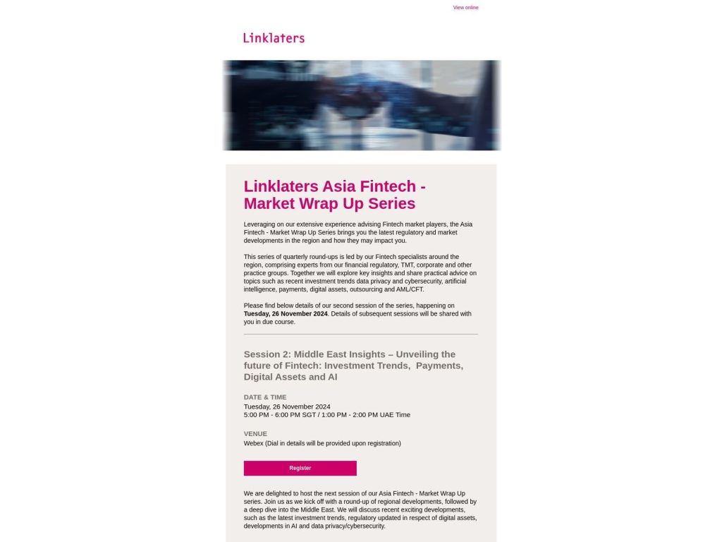 Linklaters Asia Fintech - Investment Trends, Payments, Digital Assets and AI - Event screenshot