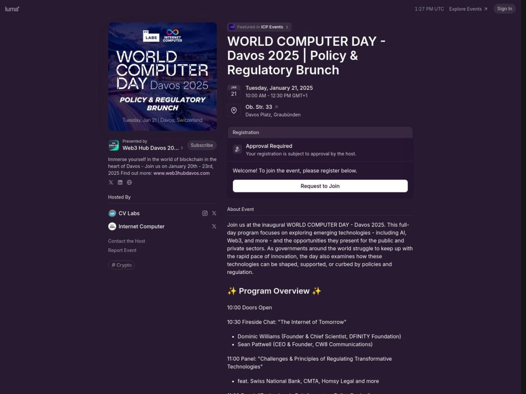 CV Labs & ICP WORLD COMPUTER DAY - Davos 2025 | Policy & Regulatory Brunch - Event screenshot