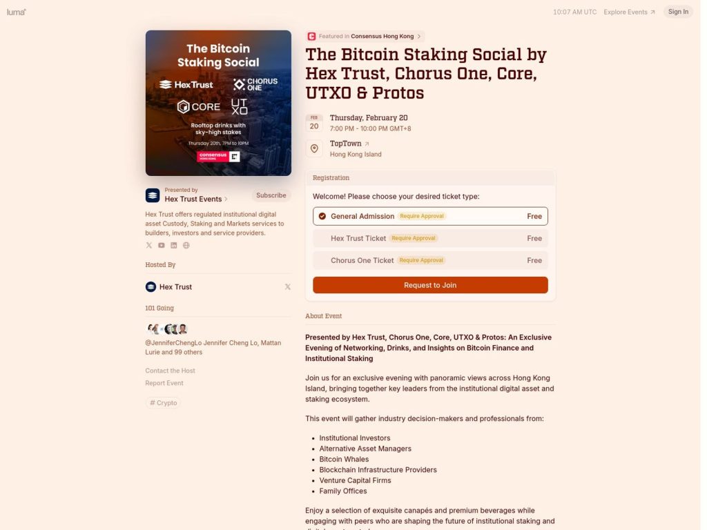 The Bitcoin Staking Social by Hex Trust, Chorus One, Core, UTXO & Protos - Event screenshot