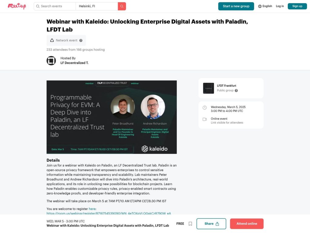 Webinar with Kaleido: Unlocking Enterprise Digital Assets with Paladin, LFDT Lab - Event screenshot