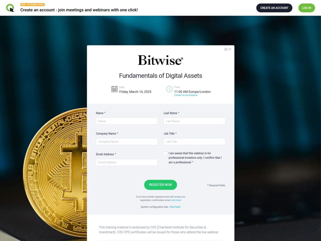 Bitwise Webinar: Fundamentals of Digital Assets - Event screenshot