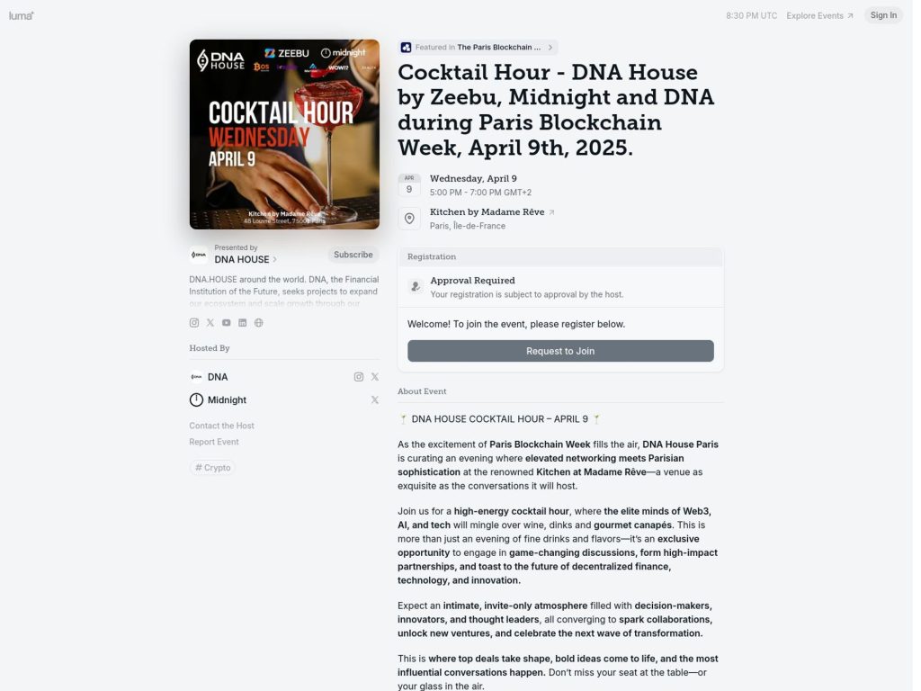 Cocktail Hour - DNA House by Zeebu, Midnight and DNA during Paris Blockchain Week, April 9th, 2025. - Event screenshot