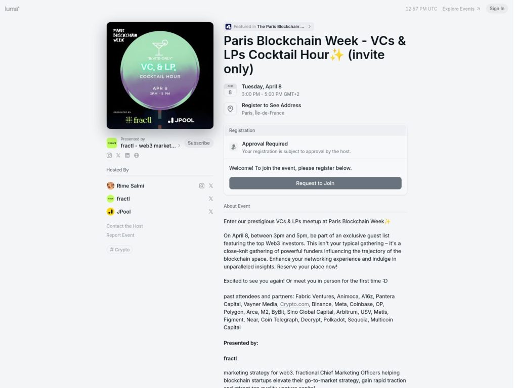 Paris Blockchain Week - VCs & LPs Cocktail Hour✨ (invite only) image