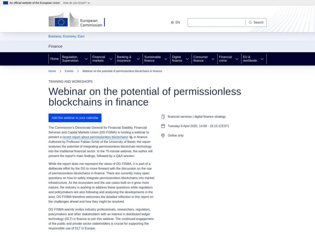 Webinar on the potential of permissionless blockchains in finance - Event screenshot