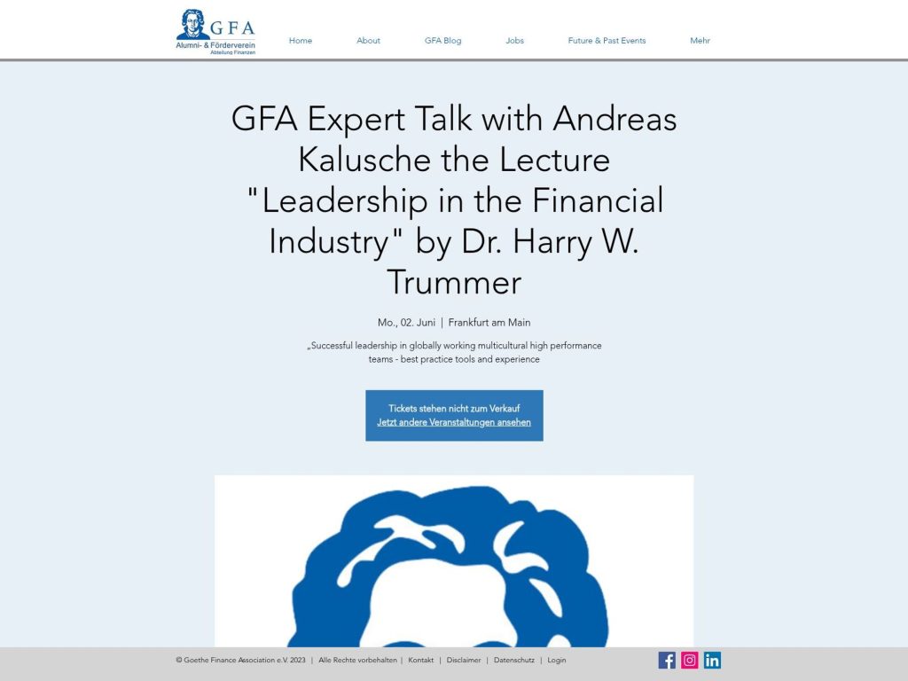 "Leadership in the Financial Industry" by Dr. Harry W. Trummer - Event screenshot