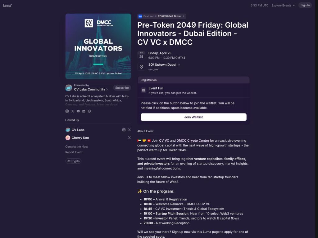 Pre-Token 2049 Friday: Global Innovators - Dubai Edition - CV VC x DMCC - Event screenshot
