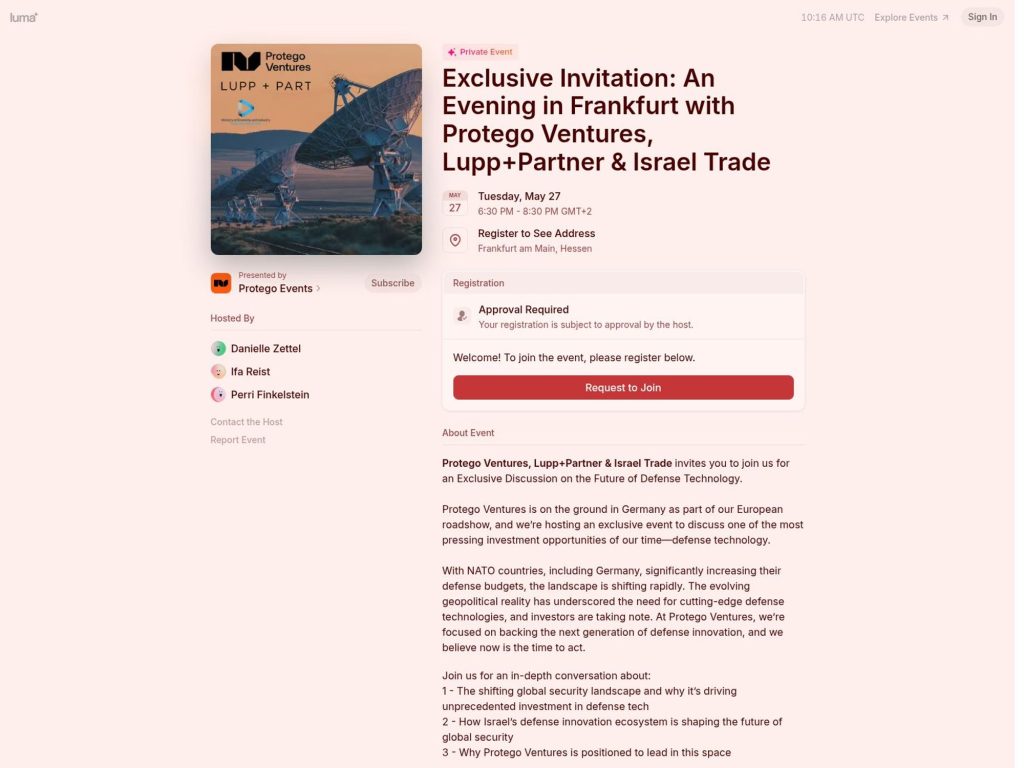 Exclusive Invitation: An Evening in Frankfurt with Protego Ventures, Lupp+Partner & Israel Trade - Event screenshot
