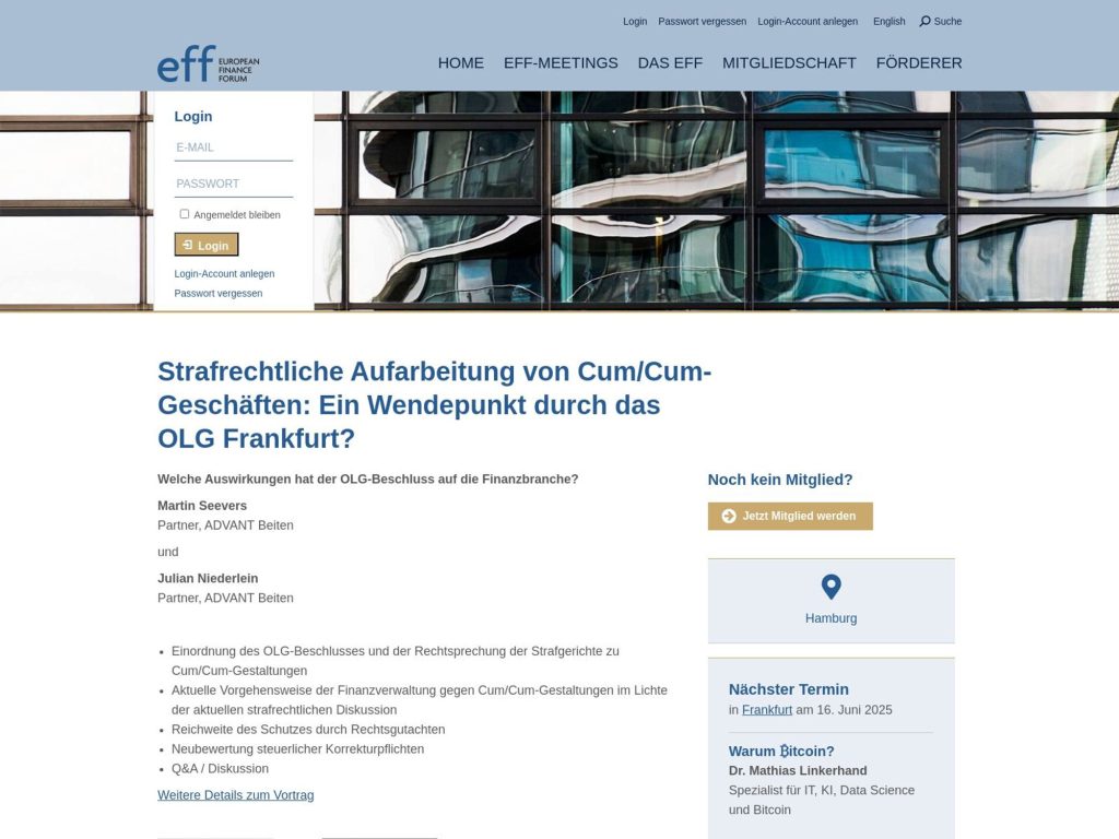 Strafrechtliche Aufarbeitung von Cum/Cum-Geschäften: Ein Wendepunkt durch das OLG Frankfurt? - Event screenshot