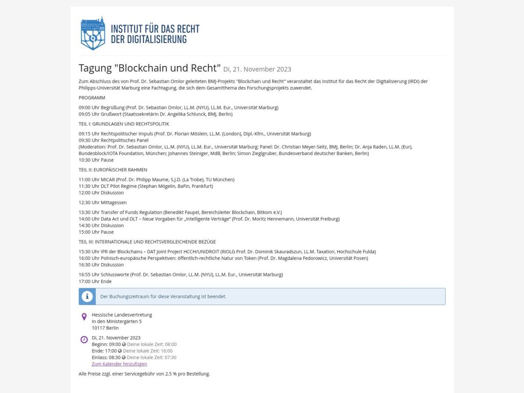 Tagung Blockchain und Recht - Event screenshot