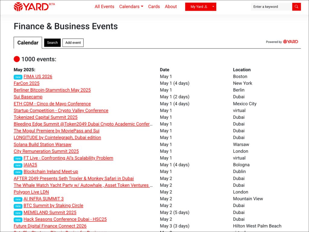YARD - events calendar - 1k events on May 1, 2025