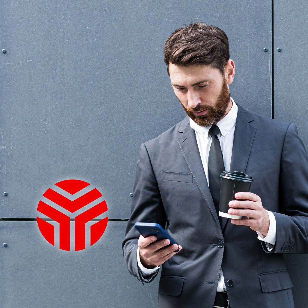 YARD - Smart, Simple, Yours. Business man using an app for finding finance events, business events, and crypto events.