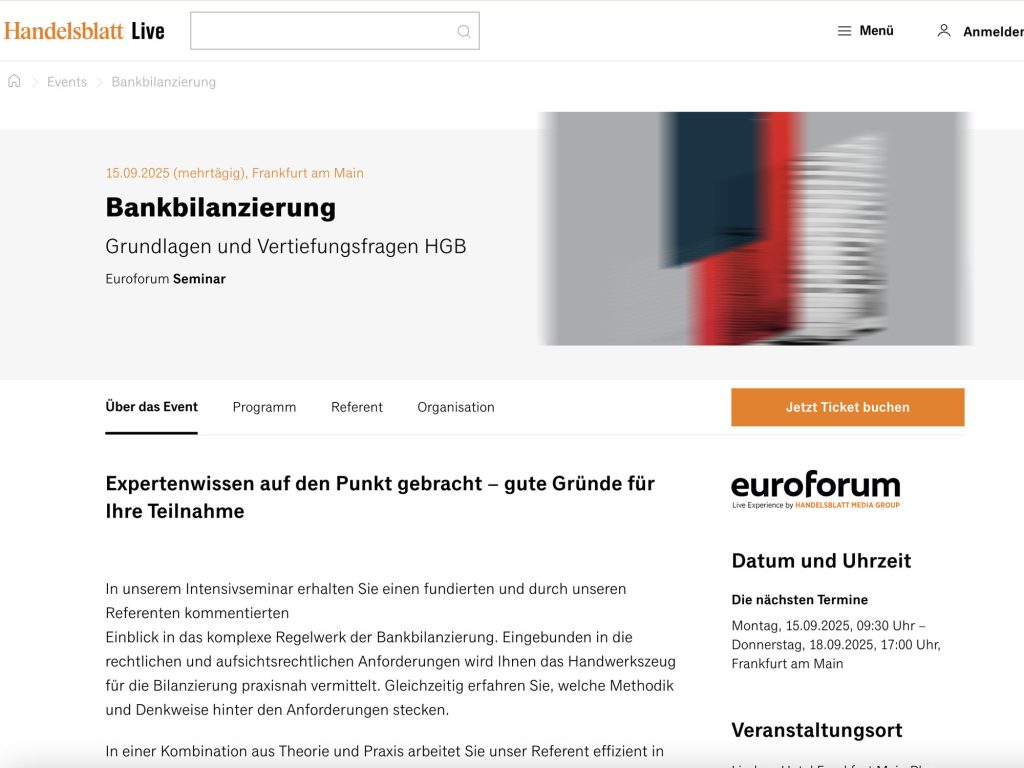 Bankbilanzierung: Grundlagen und Vertiefungsfragen HGB - Event screenshot