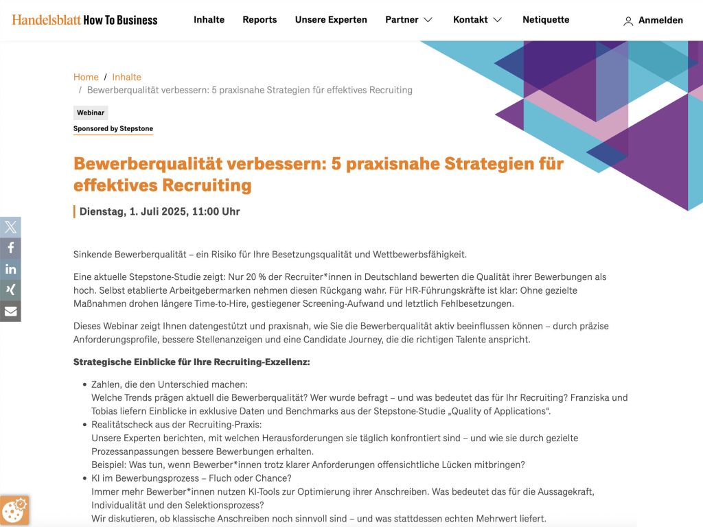 Bewerberqualität verbessern: 5 praxisnahe Strategien für effektives Recruiting - Handelsblatt How To Business - Event screenshot