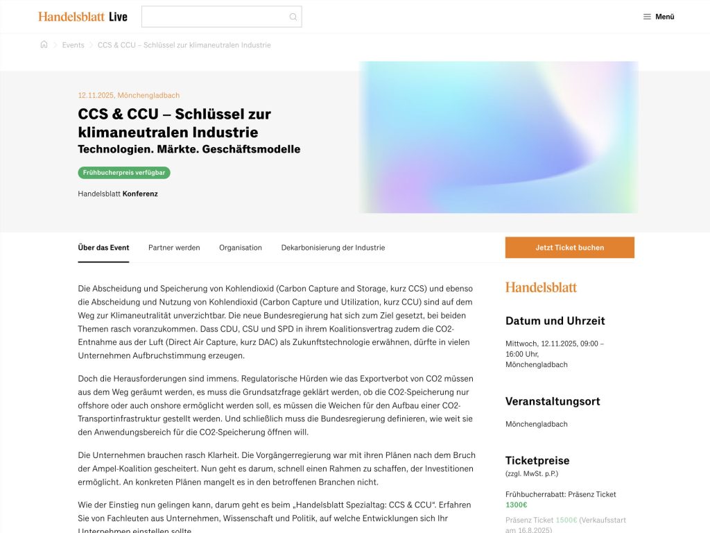 CCS & CCU – Schlüssel zur klimaneutralen Industrie - Handelsblatt Konferenz - Event screenshot