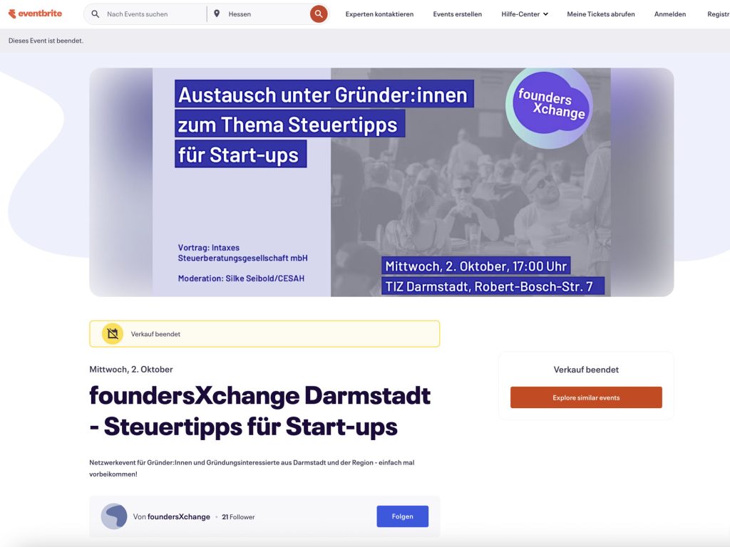 foundersXchange Darmstadt - Steuertipps für Start-ups - Event screenshot