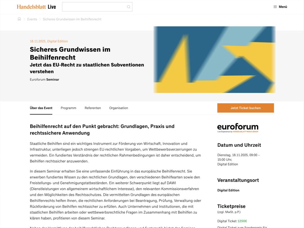 Sicheres Grundwissen im Beihilfenrecht - Euroforum Seminar - Event screenshot