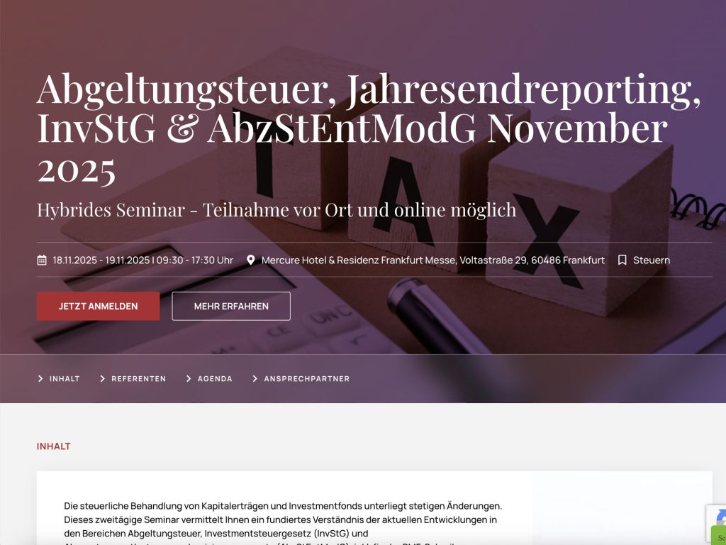 Abgeltungsteuer, Jahresendreporting, InvStG & AbzStEntModG November 2025 - Hybrides Seminar - Teilnahme vor Ort und online möglich - Event screenshot