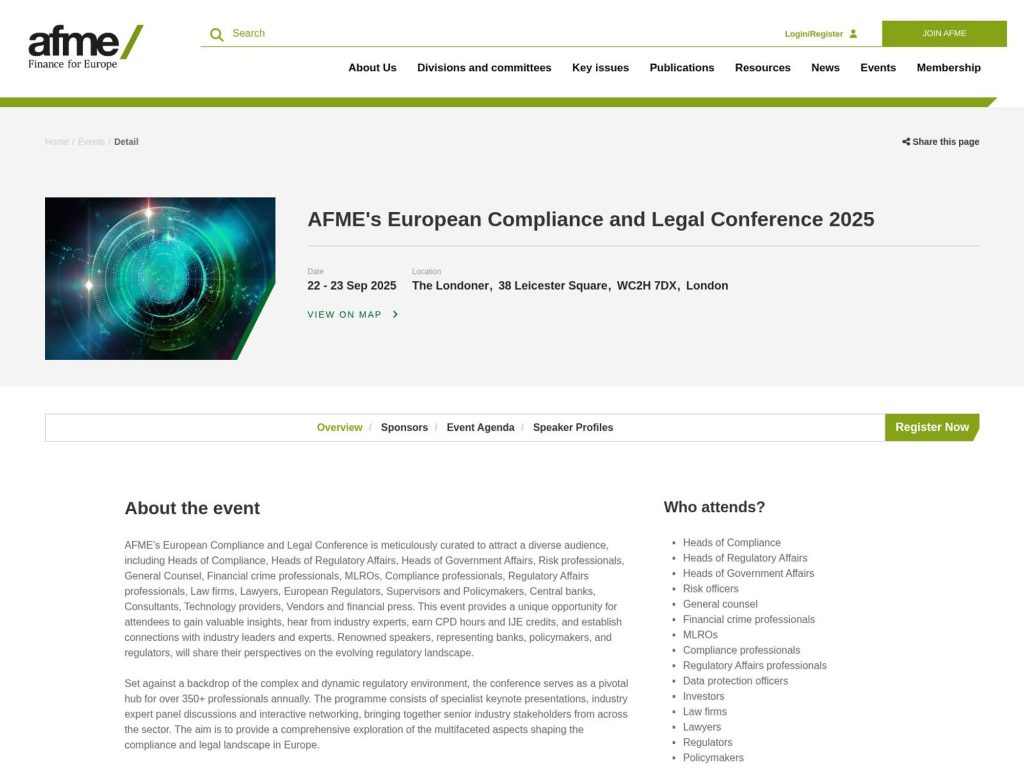 AFME's European Compliance and Legal Conference 2025 - Event screenshot