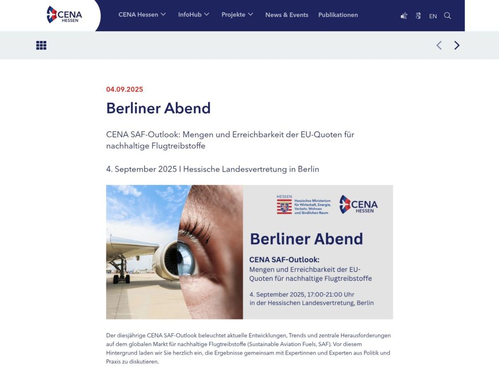Berliner Abend - CENA SAF-Outlook: Mengen und Erreichbarkeit der EU-Quoten für nachhaltige Flugtreibstoffe - Event screenshot