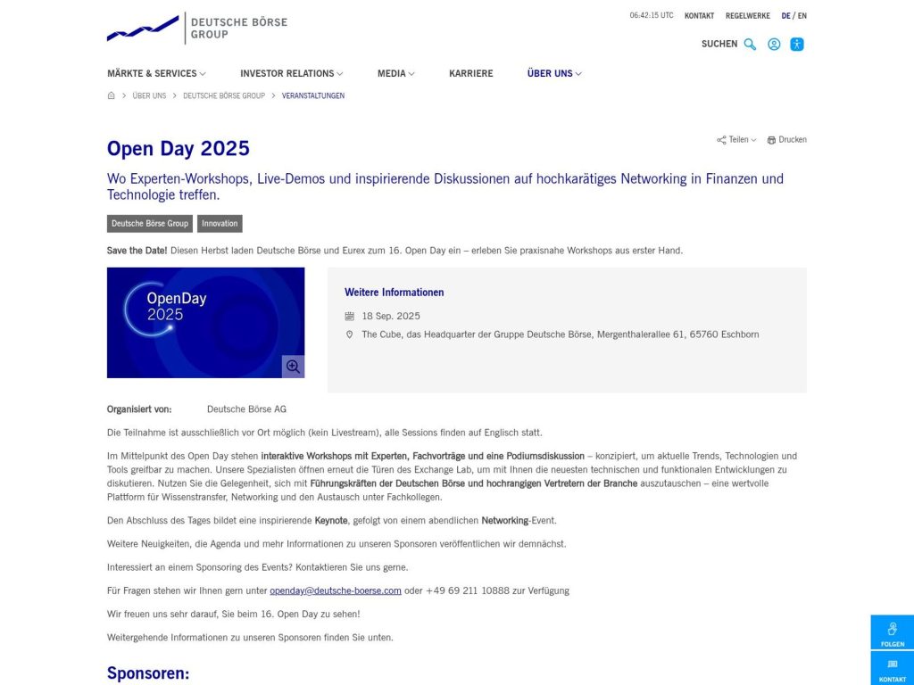 Deutsche Börse Open Day 2025 - Where expert workshops, live demos, and inspiring discussions meet top-class networking in finance and technology. - Event screenshot