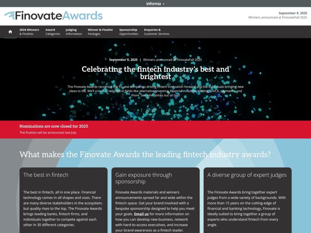 Finovate Awards for Fintech Industry - Celebrating the fintech industry’s best and brightest - Event screenshot
