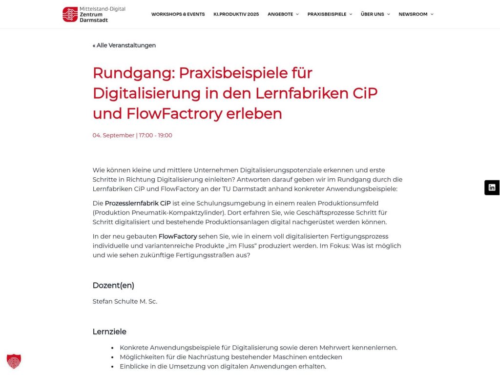 Rundgang: Praxisbeispiele für Digitalisierung in den Lernfabriken CiP und FlowFactrory erleben - Event screenshot