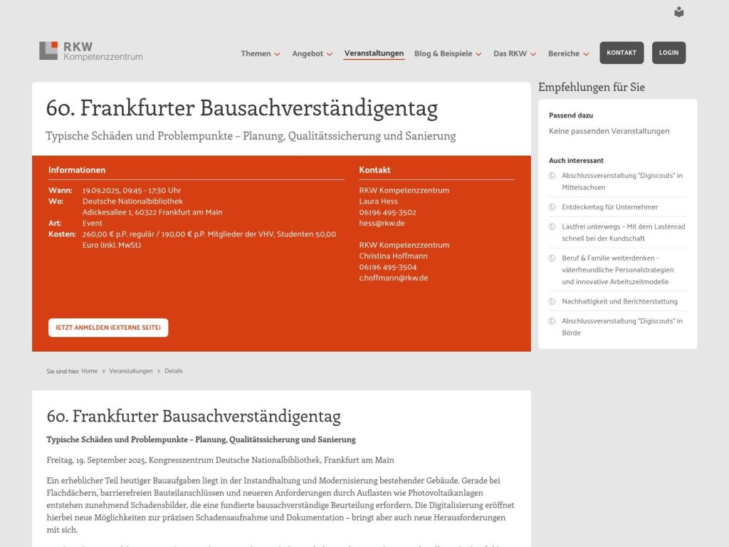 60. Frankfurter Bausachverständigentag - Typische Schäden und Problempunkte – Planung, Qualitätssicherung und Sanierung - Event screenshot