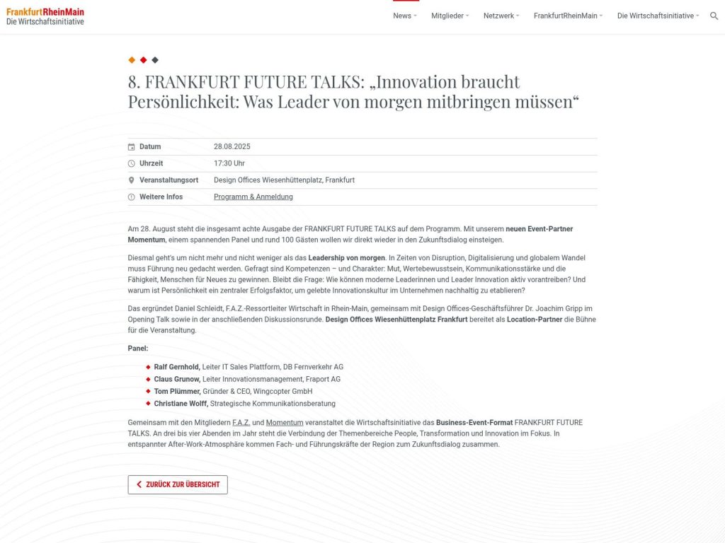 8. Frankfurt Future Talks - Innovation braucht Persönlichkeit: Was Leader von morgen mitbringen müssen - Event screenshot