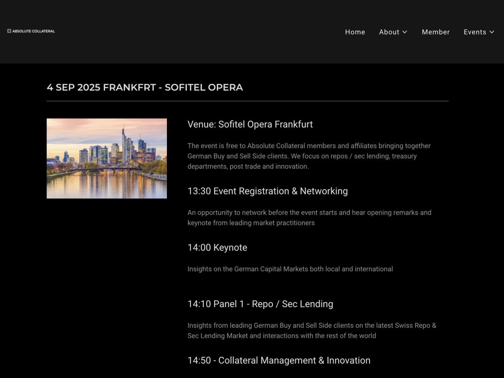 Absolute Collateral Frankfurt Event - Repo & Sec Lending event for Buy and Sell Side clients - Event screenshot