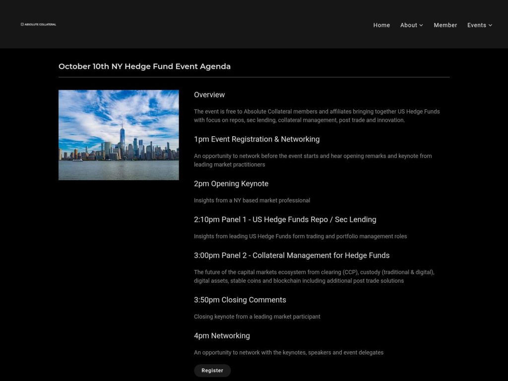 Absolute Collateral NY Hedge Fund Event - US Hedge Funds with focus on repos, sec lending, collateral management, post trade and innovation - Event screenshot