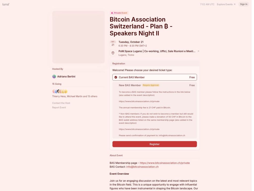 Bitcoin Association Switzerland - Plan ₿ - Speakers Night II - Event screenshot
