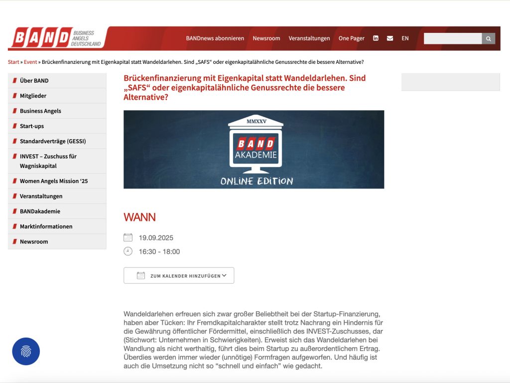 Brückenfinanzierung mit Eigenkapital statt Wandeldarlehen. Sind „SAFS“ oder eigenkapitalähnliche Genussrechte die bessere Alternative? - Event screenshot