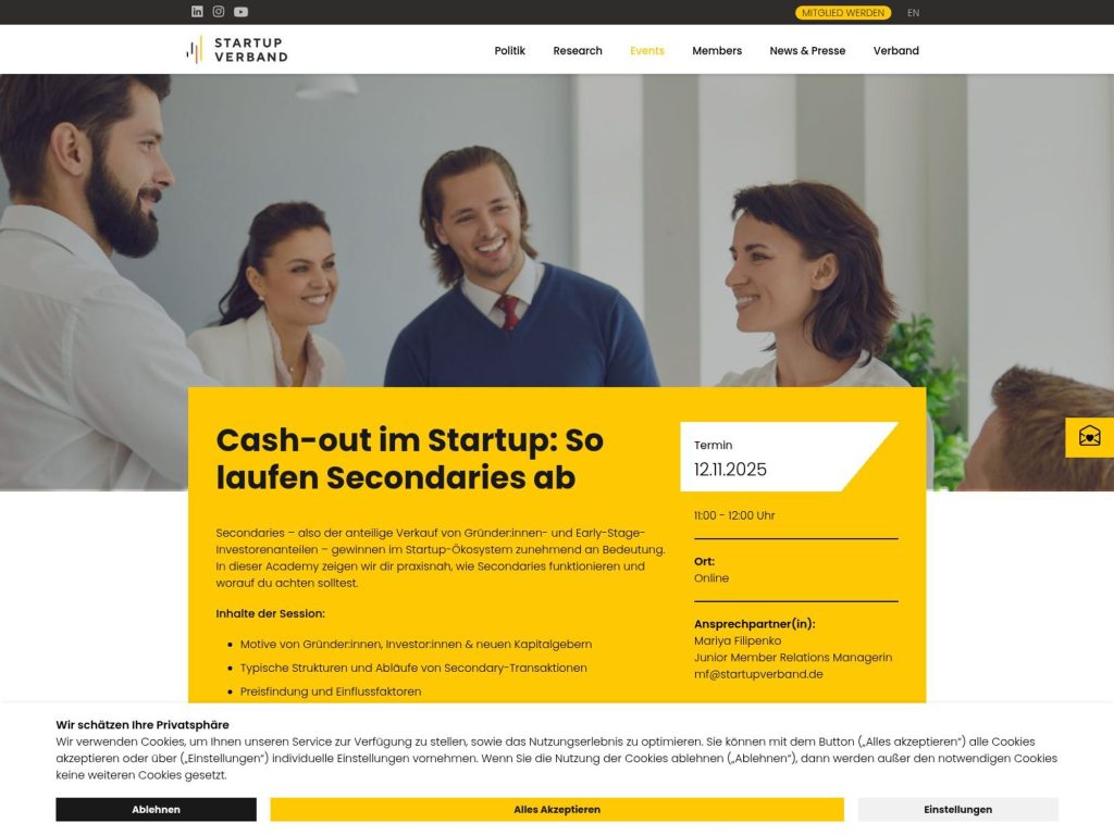 Cash-out im Startup: So laufen Secondarys - Praxis-Insights zu Secondaries: Motive, Strukturen, Preisfindung sowie rechtliche & steuerliche Fallen. - Event screenshot