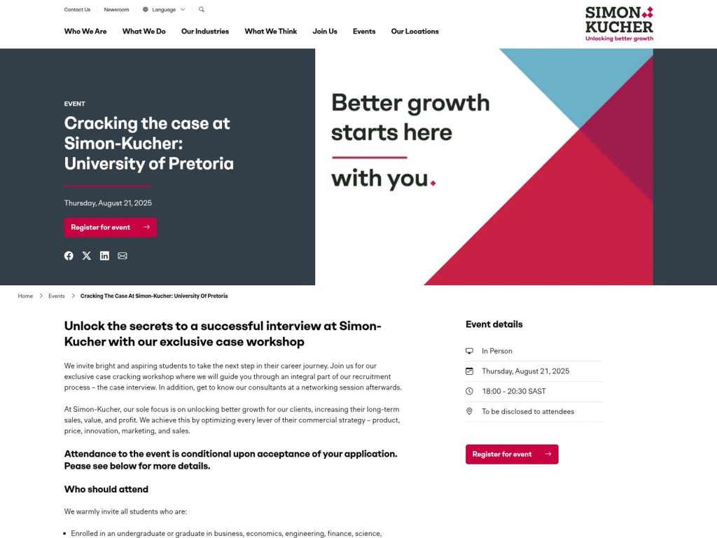 Cracking the case at Simon-Kucher: University of Pretoria - Unlock the secrets to a successful interview at Simon-Kucher with our exclusive case workshop - Event screenshot