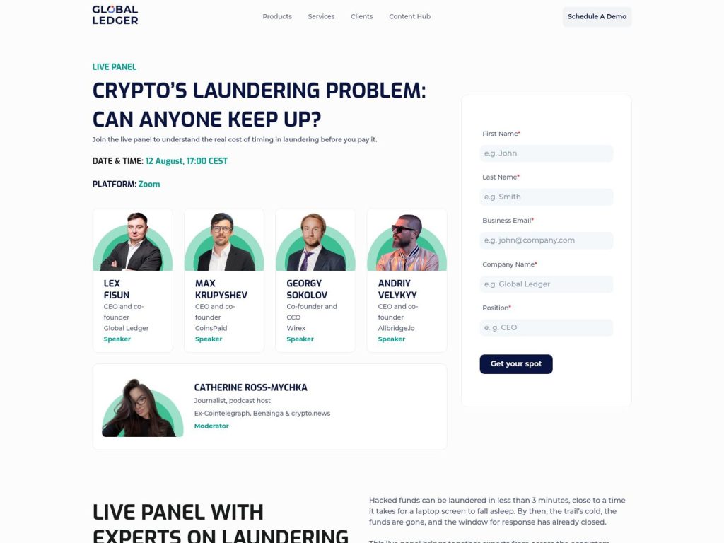 Crypto’s Laundering Problem: Can Anyone Keep Up? - Live Panel with experts on Laundering Timing - Event screenshot