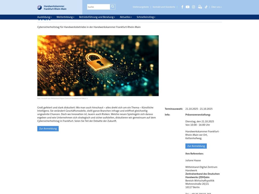 Cybersicherheit neu gedacht – die Rolle der KI in der digitalen Welt - Cybersicherheitstag für Handwerksbetriebe in der Handwerkskammer Frankfurt-Rhein-Main - Event screenshot