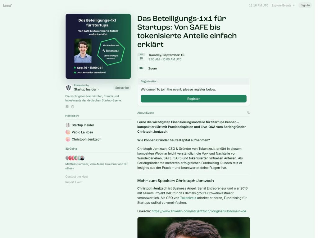Das Beteiligungs-1x1 für Startups: Von SAFE bis tokenisierte Anteile einfach erklärt - Event screenshot
