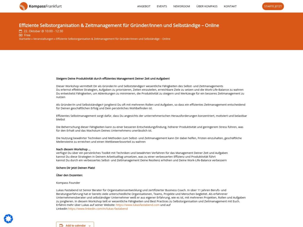 Effiziente Selbstorganisation & Zeitmanagement für Gründer/innen und Selbständige – Online - Event screenshot