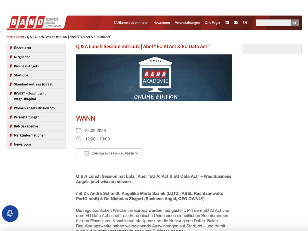 EU AI Act & EU Data Act - Q & A Lunch Session mit Lutz | Abel - Event screenshot
