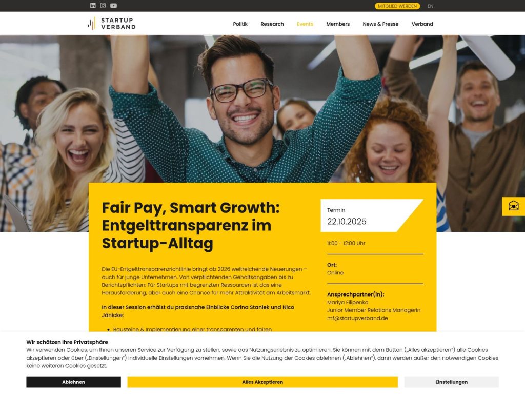 Fair Pay, Smart Growth: Entgelttransparenz im Startup-Alltag - EU-Entgelttransparenz 2026: Was Startups jetzt wissen sollten & wie du fair & compliant bleibst - Event screenshot